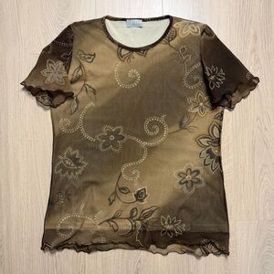 Vintage Sandro Paris Floral Sheer Mesh Short Sleeve Top Womens Small Brown Y2K